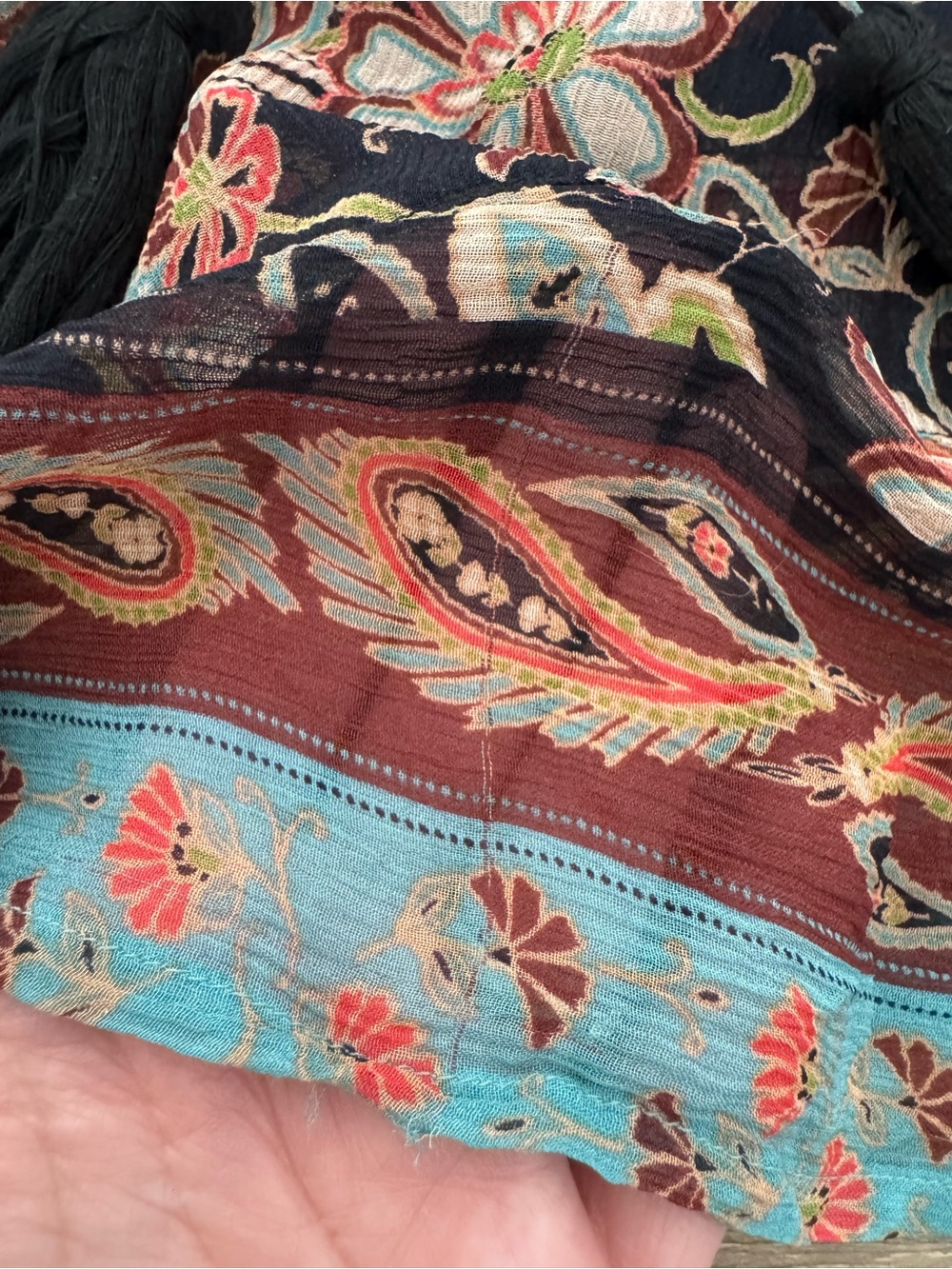 Sundance 100% Silk Boho Sheer Paisley Floral Tassel Tie Peasant Blouse XL - Picture 12 of 12